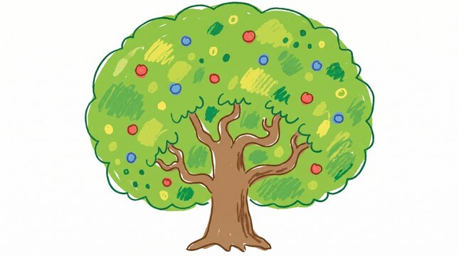 child art, childlike drawing, hand drawn tree, green tree, lush tree, cartoon tree, crayon drawing, colored pencil, kids artwork, children illustration, playful, handmade, nature, forest, environmenta