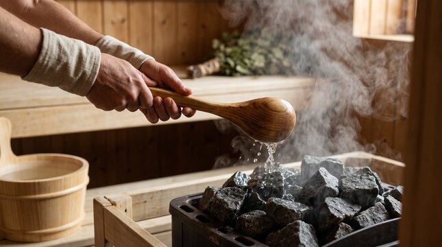 Water ladle releases steam in a Finnish sauna