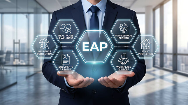 Businessman presenting EAP employee assistance program virtual benefits graphic