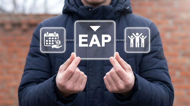 Man holding a transparent digital screen with EAP text and corporate icons