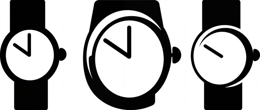 Set of three black wrist watch icons with simple circular clock faces