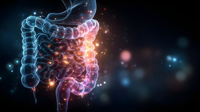 Glowing human digestive system 3d illustration showing intestine organ with bright light spots medical banner.