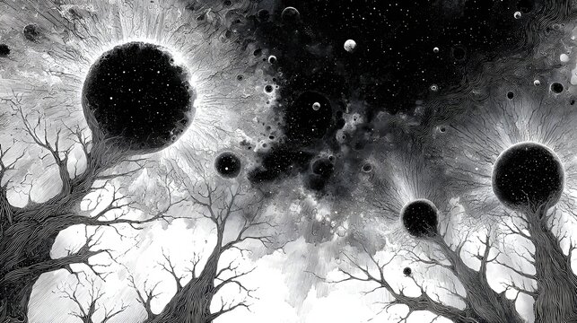 Monochrome surreal artwork showing dark sphere planets connected to bare tree branches in starry space sky.