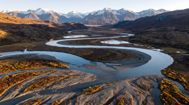Aerial view of winding braided river through mountain valley, snow-capped peaks, autumn colors, golden hour light