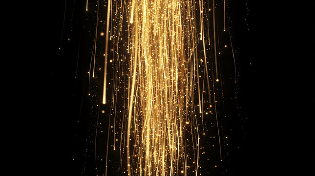 Abstract golden light effect with glowing vertical particles falling down against a deep black background texture