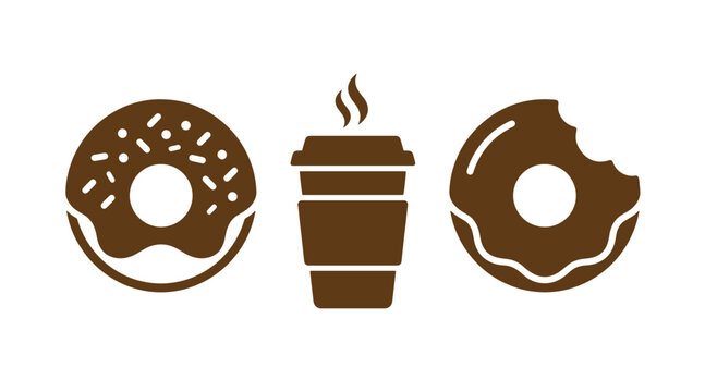 Graphic set featuring two brown donut icons and a coffee cup icon with steam representing breakfast or coffee break refreshments breakfast beverage doughnut illustration