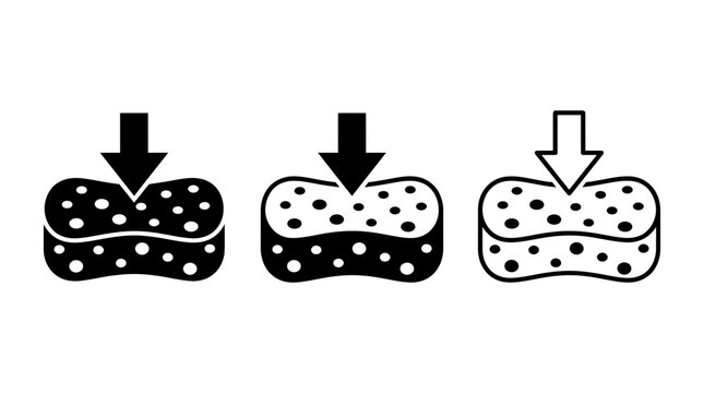 Sponge icon vector set showing compression and pressure with arrows and porous texture in black and white style