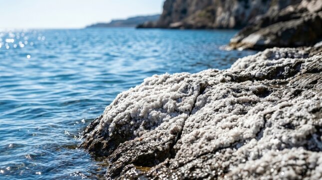 A close up view of dark coastal rocks heavily encrusted with white crystallized salt deposits next to the shimmering blue sea under bright sunlight, underscoring the crystals