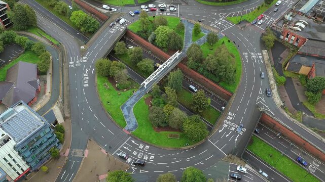 Aerial Video of Oldham Way A62 Roundabout Junction and Footbridge Infrastructure