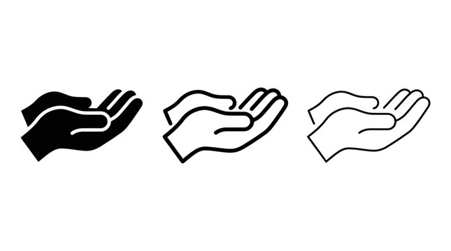 Cupped hands vector icon set showing care, support, and giving gestures in black outline and solid styles on white background