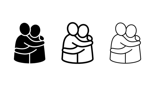 Hugging people vector icon set showing friendship, love, and care in black outlines