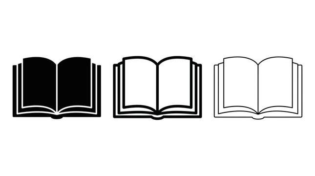 Book vector icon set showcasing open reading books in solid black, outlined, and linear styles.