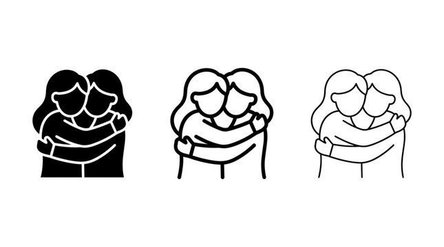 Hugging women vector icon set, friendship and love symbol illustrations