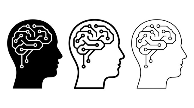 Human brain vector icon set featuring artificial intelligence and circuit board neural networks inside profile silhouettes isolated on white