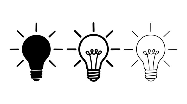 Lightbulb vector icon set illustrating ideas, innovation, and creativity with solid, outlined, and transparent styles