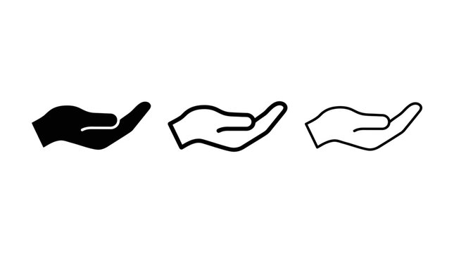 Hands vector icon set showing gesture of receiving, cupping, and supporting in solid black and outline styles isolated on white background