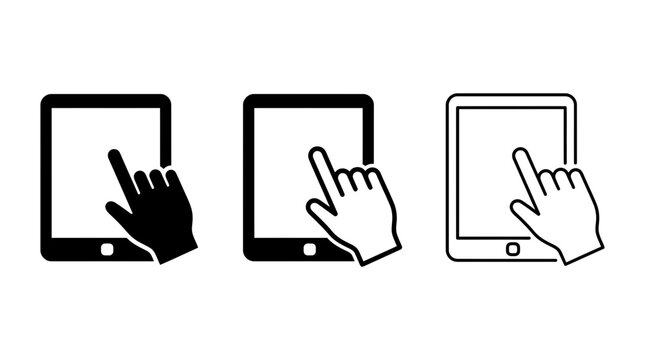 Tablet icon vector set with hand touching screen gesture illustration for user interface design