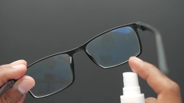 Person spraying cleaning liquid on black framed eyeglasses to remove dust and smudges