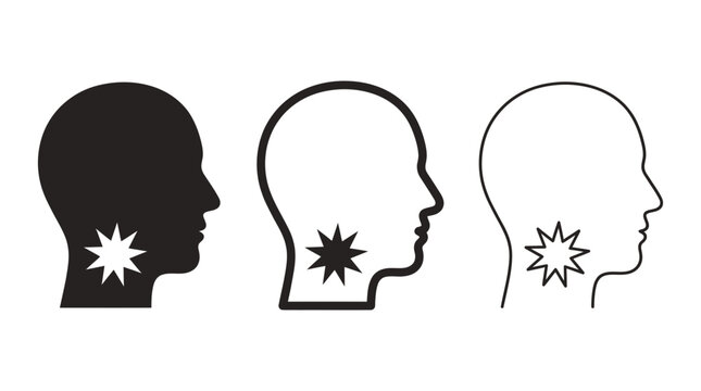 Sore throat vector icons depicting throat pain and medical symptoms in human profile silhouette