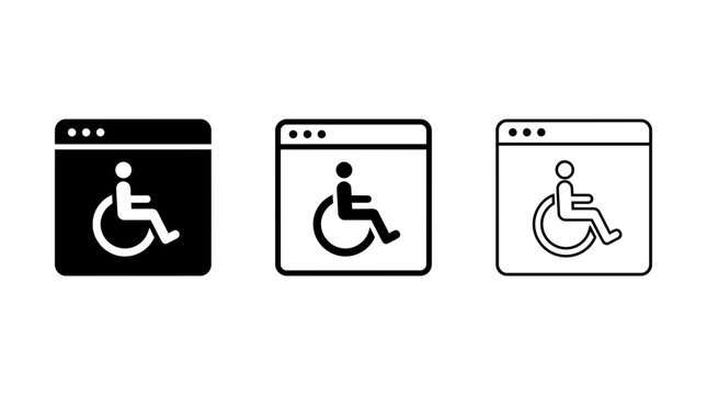 Accessibility vector icon set featuring disabled person wheelchair symbols inside web browser interface frames in black and white styles.