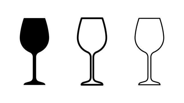 Wine glass vector icon set featuring three black and white goblet silhouettes in different styles for restaurant and bar menus