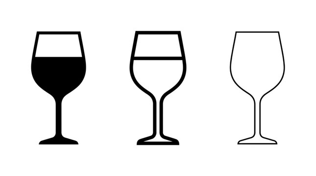 Wine glass vector icon set showing different fill levels and outline style isolated on white