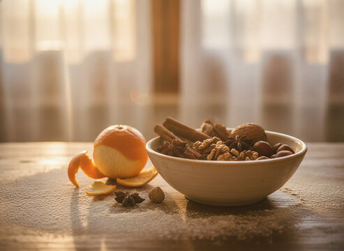 Dried orange and spices in a ceramic bowl on a wooden table. Still life with cinnamon sticks, nutmeg, and cloves. Warm sunlit composition for autumn recipes.