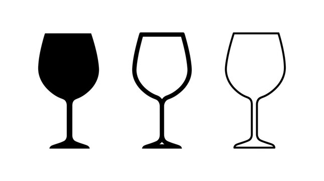 Wine glass vector icon set featuring solid and outline goblet styles isolated on a white background