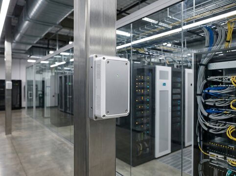 Modern electronic sensor device mounted on a metal pillar inside a hightech data center facility