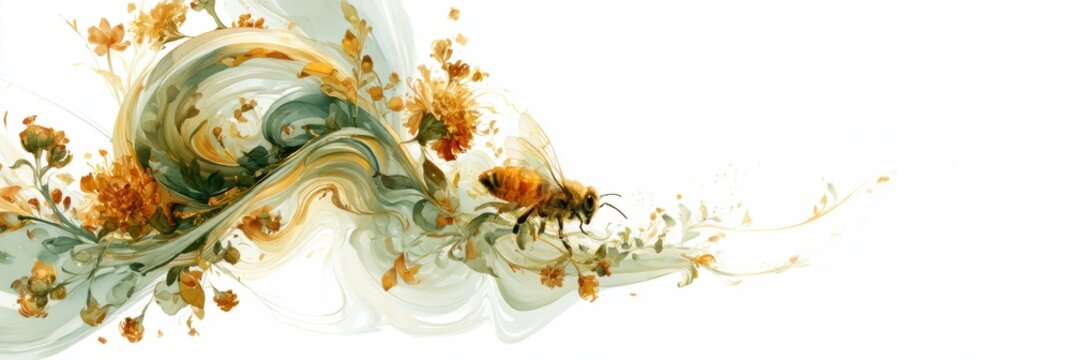 A honey bees waggle dance mimics a floral vine with swirling movements in warm gold and sage tones.