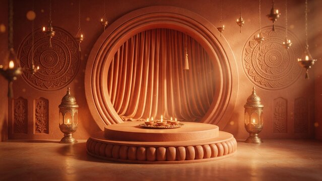 Diwali festive podium background with burning oil lamps and traditional arches. 