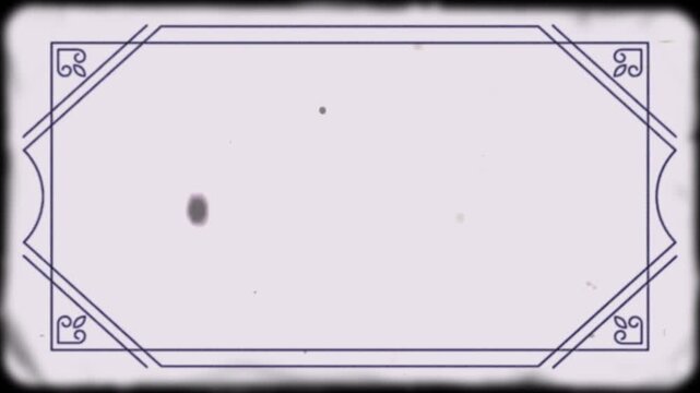 Vintage silent film frame overlay featuring an ornate dark blue art deco line border, corner flourish swirls, subtle rounded vignette edges, flickering analog dust, hair, scratches, and film grain