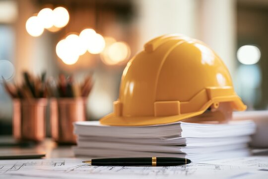 Yellow hard hat sits on stack of white documentation papers. Premium fountain pen lies on blueprint draft inside office. Clean workspace for construction compliance audits and project estimation.