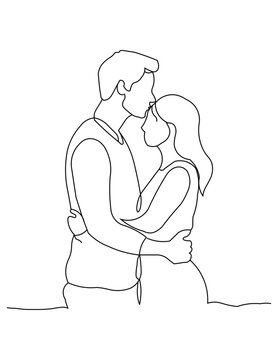 Continuous line drawing of a man kissing a woman on the forehead in a romantic embrace