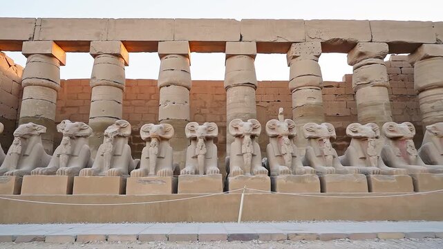 Ram-headed sphinx statues avenue in Karnak Temple, Luxor. Antique luxor monuments from sandstone. Tourist sightseeing attraction, sculptures. Ancient civilization remains, cultural heritage of Egypt
