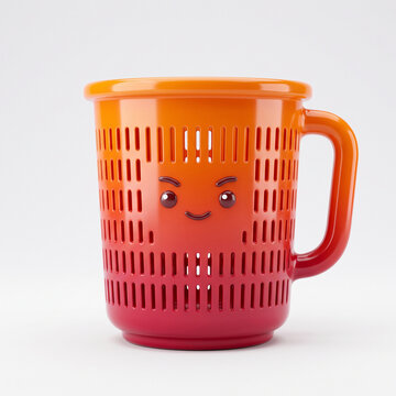Tall orange to red gradient plastic filter cup featuring determined expression and side handle on white studio background
