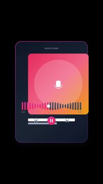 3D animation of hand cursor swiping left to change tracks on a music player card on transparent background. Features animated waveform and album cover.
