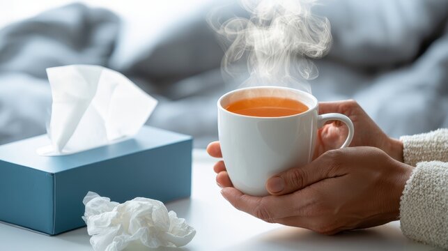 Person holding steaming mug of hot healing herbal tea near the blue paper tissue dispenser box and Used crumpled handkerchiefs. Seasonal illness, flu, common cold, winter wellness, and self care theme