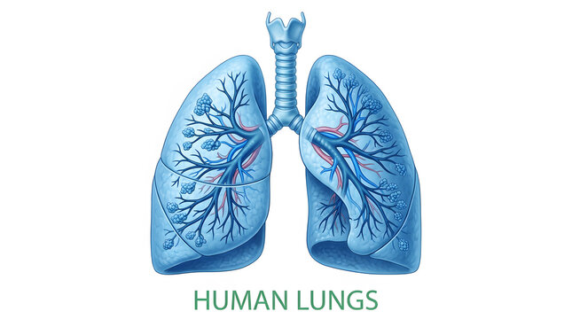 Detailed anatomical illustration of human lungs with bronchi and pulmonary system
