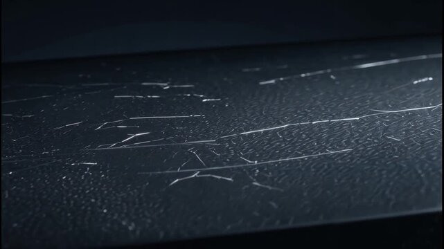 Close-up of scratched dark textured surface with diagonal light reflection