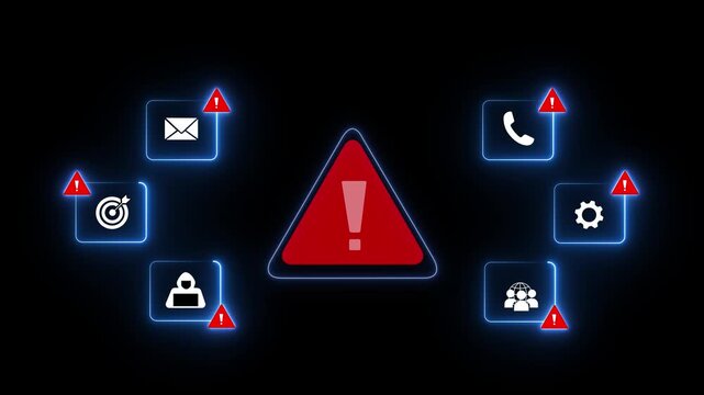 Cyber security alert system featuring digital warning and glowing network threat notifications for data breach protection, network vulnerability analysis, and corporate information safety concepts