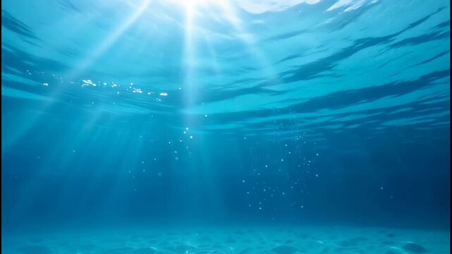 Sunlight beams through clear blue water, illuminating sandy ocean floor with shimmering light patterns and rising bubbles