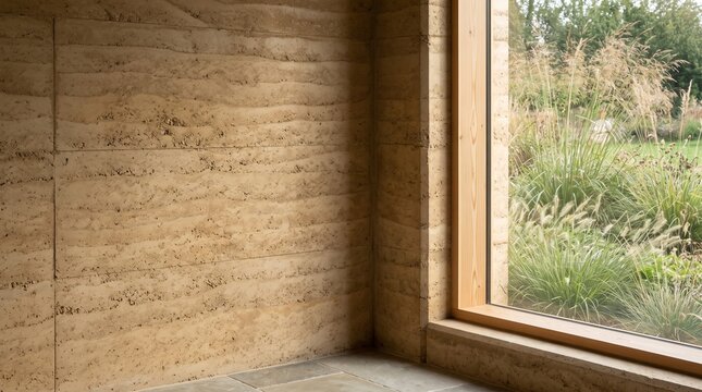 Rammed-earth wall meeting a timber-framed garden window
