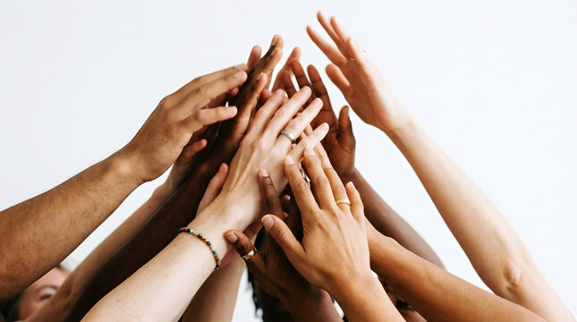 Diverse group of hands reaching up together in a show of unity