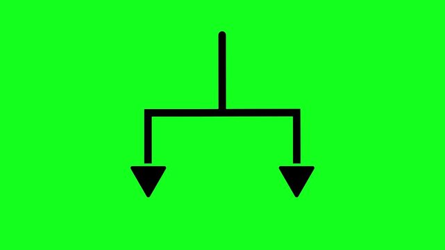 T-junction design with two downward arrows animation a bright, vivid green backdrop. HD Seamless loop video.
