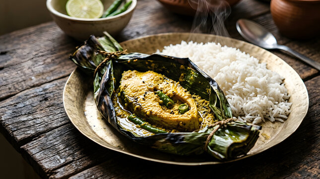 Traditional Bengali ilish paturi fish steamed in banana leaf with white rice
