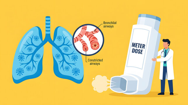 Illustration of healthy lungs asthma inhaler and doctor with medical background