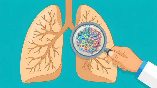 Detailed illustration of human lungs with a magnifying glass examining tissue