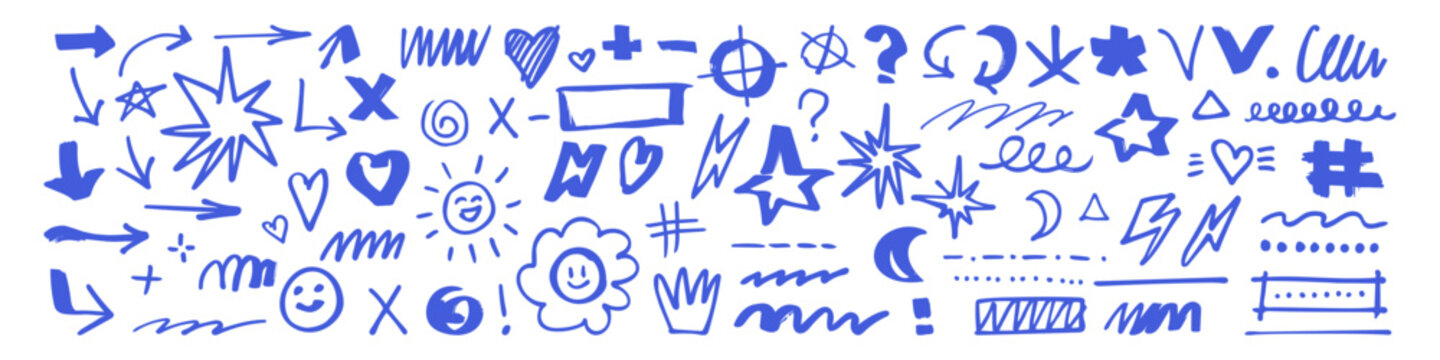 A vector collection of blue marker doodles with arrows, hearts, stars, lightning bolts, smiling faces and scribbled lines, isolated on white as playful symbols and decorative accents.