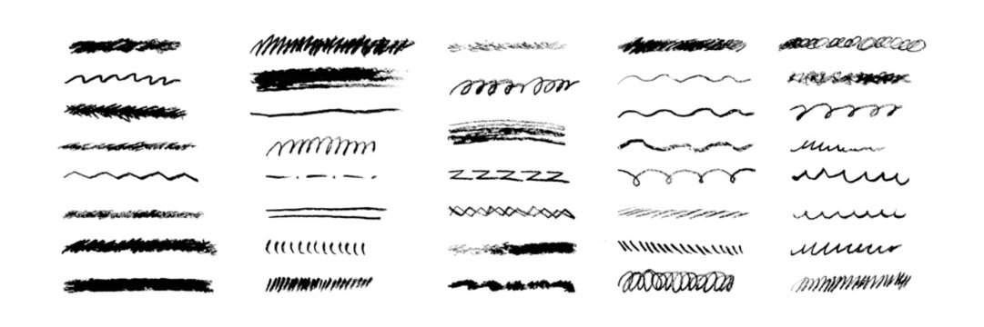 A vector set of black scribbled underlines and decorative dividers, featuring grainy strokes, looping curls, waves and zigzags on white for text emphasis and sketchbook accents.